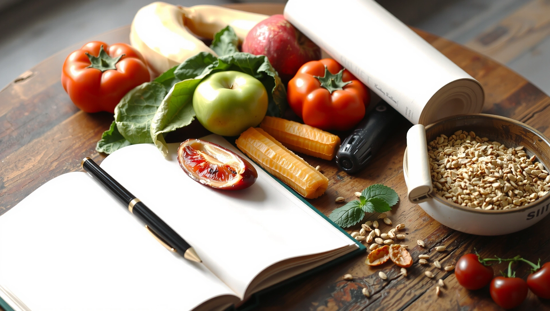 Obrázek s knihami, perem a zdravým jídlem, symbolizující učení a výživu