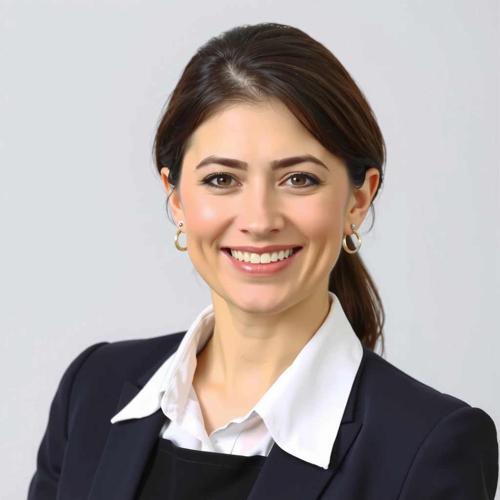 Professional portrait of a smiling woman, Mgr. Eva Novotná, with a warm and approachable demeanor, dressed smartly, against a soft, professional background, conveying expertise and empathy.