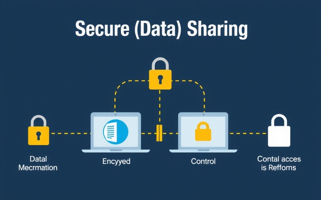 Ilustracja przedstawiająca bezpieczne udostępnianie danych pomiędzy platformami, z zaznaczeniem kontroli dostępu