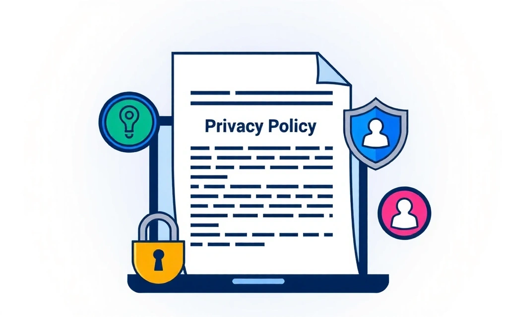 Ilustracja dokumentu polityki prywatności z ikonami bezpieczeństwa danych