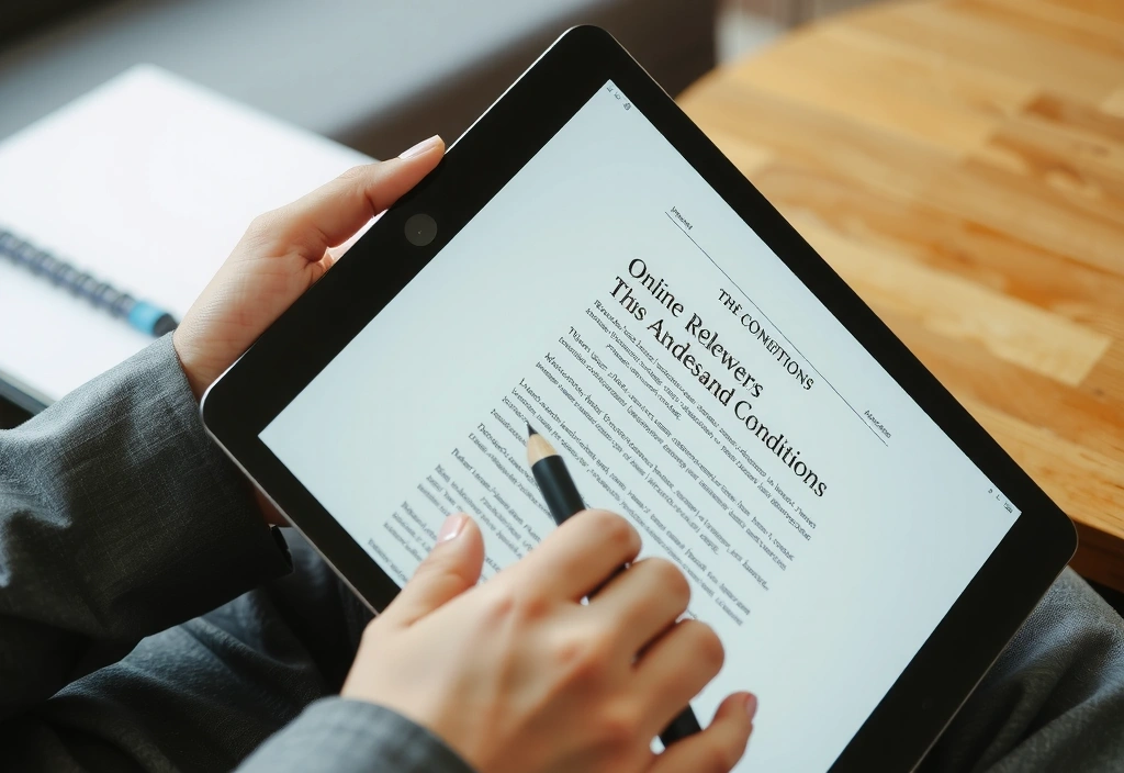 Žena drží tablet a čte si podmínky používání online