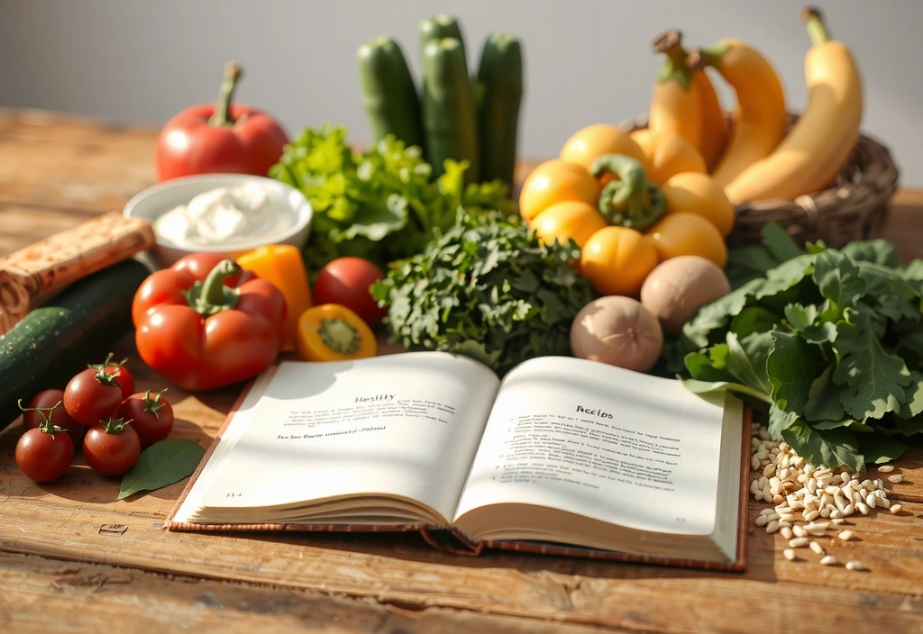 Otwarta książka z przepisami i świeże, zdrowe składniki na stole