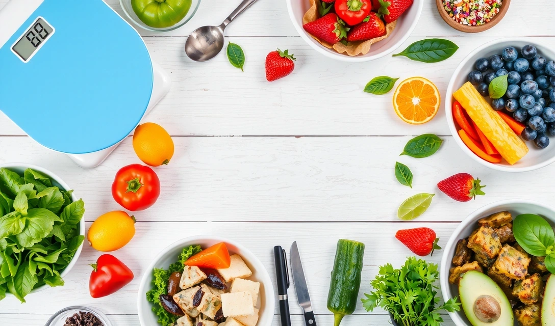 Różnorodne, zdrowe posiłki i narzędzia dietetyczne